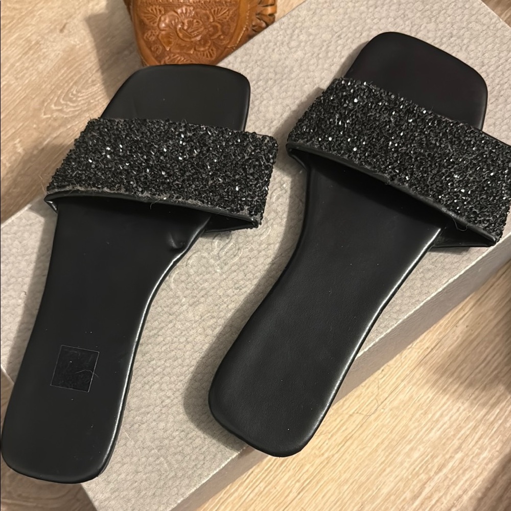 Black Sparkle Slide Sandals - Women's Comfortable Slip-On SIZE 40